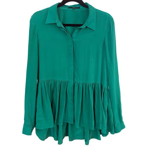 Tibi green silk long sleeve button up peplum ruffle bottom blouse SIZE 2 - Picture 1 of 6